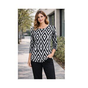 Ruby Rd Top Womens Size Small Black White Geometric Cotton Casual ikat Pullover‎